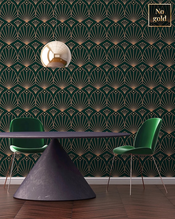 Art Deco Wallpaper Dark Green Wall Mural Repositionable Etsy Canada