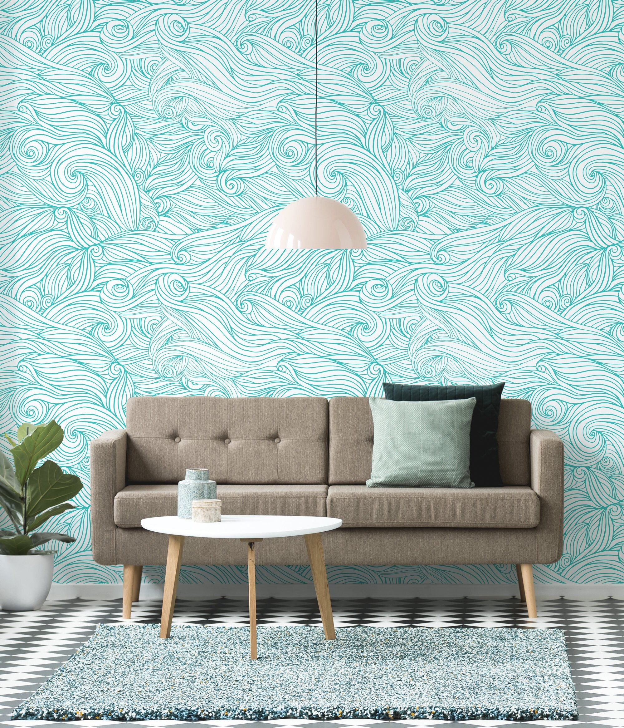 Ocean wave self adhesive wallpaper, abstract vector pattern, lineart wallpaper, peel and stick wall mural, wall sticker, temporary wallpaper