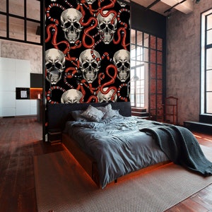 Dark vintage wallpaper with skulls abd snakes, peel and stick removable wallpaper, self adhesive temporary wallpaper roll, wall decor