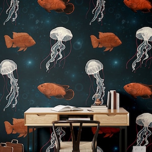 Sea life wallpaper, peel and stick removable wallpaper, dark wallpaper with fish pattern, self adhesive temporary wallpaper roll, wall decor