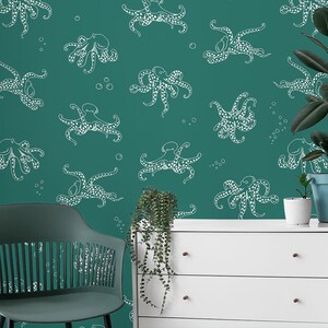 Octopus wallpaper, sea life pattern, green wallpaper, peel and stick, temporary wallpaper, wall decor, removable or traditional wallpaper