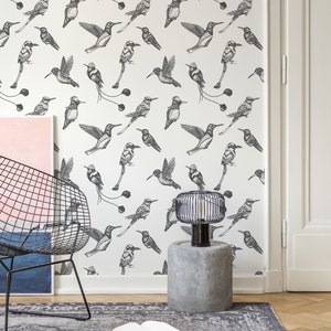 Vogeltapete, schwarz-weiße Mustertapete, selbstklebend, neu positionierbar, Tapetenrolle, Wanddekoration