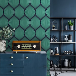 Carta da parati rimovibile Op-art, murale stacca e incolla con motivo blu astratto, carta da parati temporanea in stile retrò, decorazioni per la casa