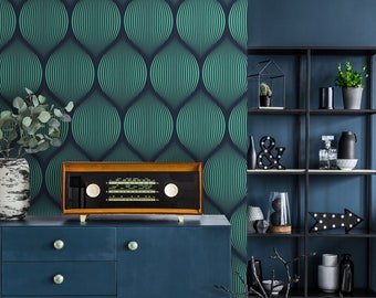 Op-art removable wallpaper, peel and stick wall mural with abstract blue pattern, temporary wallpaper in retro style, home decor