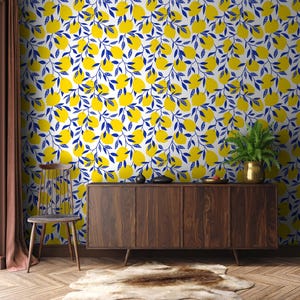 Carta da parati giallo limone, carta da parati con frutta, decorazione floreale per la casa, stacca e incolla o vinile, decorazione da parete, carta da parati rimovibile o tradizionale