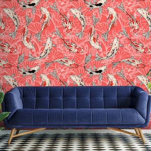 Carp and lotus wallpaper, peel and stick wall mural in japanese style, temporary removable wallpaper, home decor