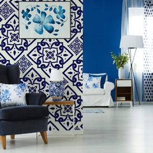 Carta da parati geometrica blu con piastrelle spagnole, carta da parati a buccia e stick riposizionabile, carta da parati rimovibile temporanea, rotolo di carta da parati, decorazione murale