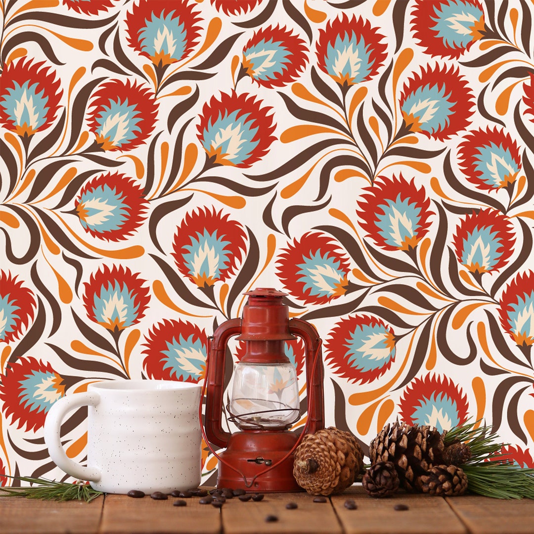 Ethnic Wallpaper With Floral Pattern, Peel and Stick Wall Mural