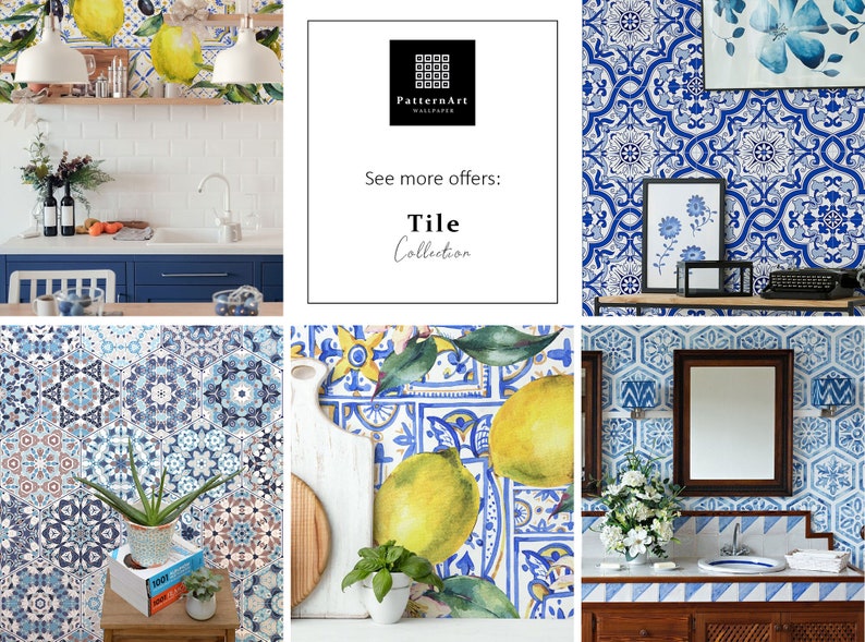 Puede incluir: Un collage de im&aacute;genes que muestran diferentes estilos de papel tapiz de azulejos azules y blancos. El papel tapiz presenta patrones y dise&ntilde;os intrincados, que incluyen limones, flores y formas geom&eacute;tricas. El texto "Ver m&aacute;s ofertas: Colecci&oacute;n de azulejos" se muestra en el centro del collage.