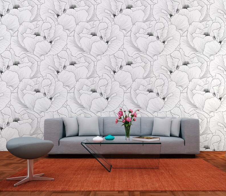 Black & white floral mural peel and stick wallpaper | Etsy