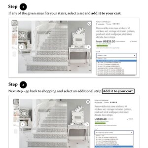 Puede incluir: Un conjunto de pegatinas de contrahuella de escalera blancas extra&iacute;bles con un patr&oacute;n victoriano vintage. Las pegatinas son autoadhesivas y se pueden usar para decorar las escaleras. La imagen muestra un conjunto de 10 pegatinas y una tira adicional que se puede comprar por separado. El texto en la imagen dice "Pegatinas de contrahuella de escalera extra&iacute;bles, conjunto de 10 pegatinas, patr&oacute;n victoriano vintage, papel tapiz autoadhesivo, pegatinas de contrahuella de escalera, tiras decorativas".