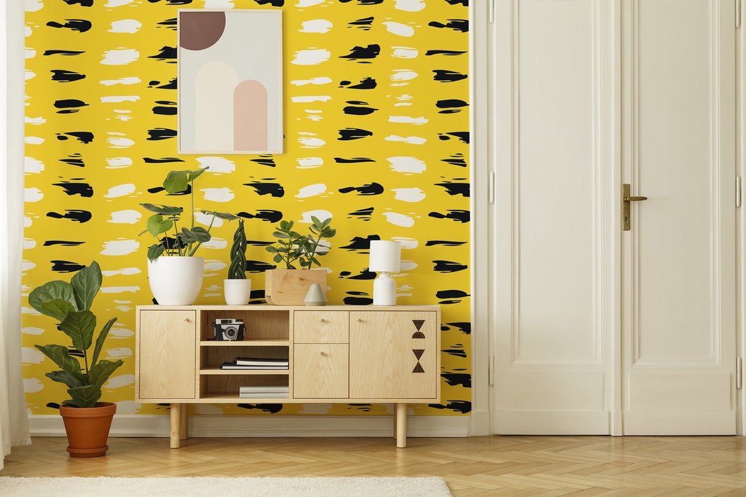 Sunny Yellow Wallpaper, Self Adhesive Wallpaper, Hand Drawn Brush Strokes Pattern, Peel and