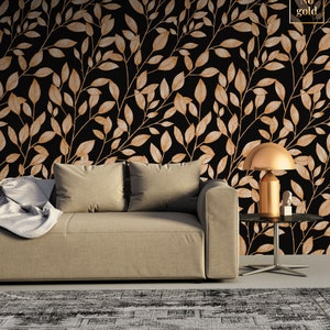Carta da parati botanica, foglie su sfondo nero, carta da parati in stile vintage, stacca e incolla, decorazione murale, carta da parati rimovibile o tradizionale