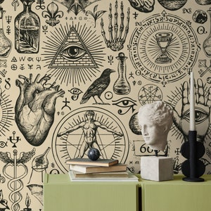 May include: A black and white illustration of various occult symbols, including an eye in a pyramid, a heart, a crow, a hand with an eye, and a pentagram. The symbols are on a beige background.