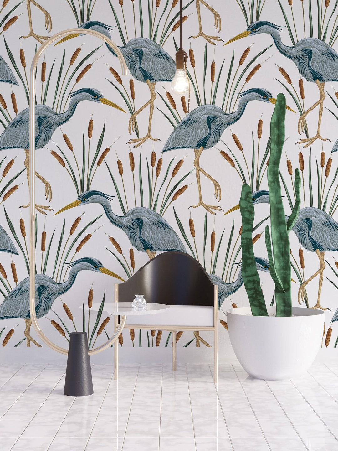 Heron Bird Wallpaper, Peel and Stick Wallpaper, Wall Decor, Peel and