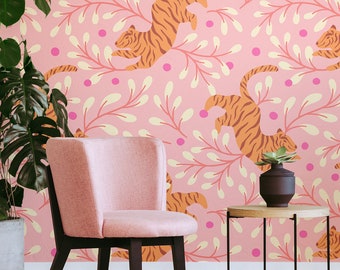 Papel pintado con tigre y flores, papel pintado reposicionable despegable y adherible, papel pintado abstracto removible, rollo de papel pintado, decoración de pared