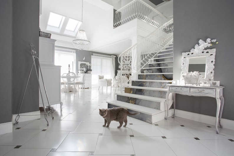 Puede incluir: Un gato gris camina sobre un suelo de baldosas blancas en una habitaci&oacute;n grande, blanca y gris con una escalera blanca y una l&aacute;mpara de ara&ntilde;a blanca.