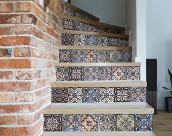 Removable stair riser decals, 10 stickers set, moroccan tiles, peel and stick wallpaper, stair riser stickers, deco strips