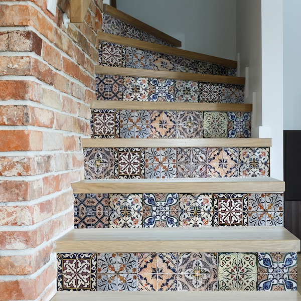 Removable stair riser decals, 10 stickers set, moroccan tiles, peel and stick wallpaper, stair riser stickers, deco strips