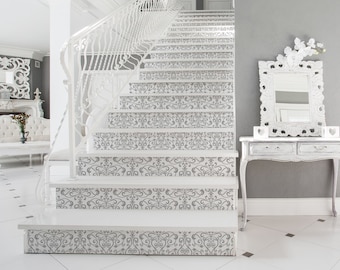 Pegatinas removibles para contrahuellas de escaleras, juego de 10 pegatinas, patrón victoriano vintage, papel tapiz despegable y adhesivo, calcomanías para contrahuellas de escaleras, tiras decorativas