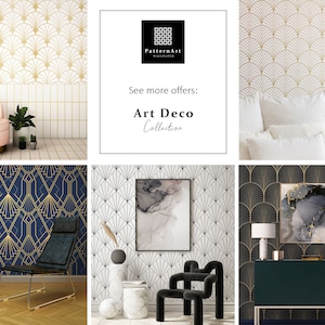 Op de afbeelding: Een collage van afbeeldingen die verschillende Art Deco behangontwerpen laten zien. Het behang heeft geometrische patronen in goud, zwart en wit. De afbeeldingen tonen het behang in verschillende kamers met meubels en decoratie.