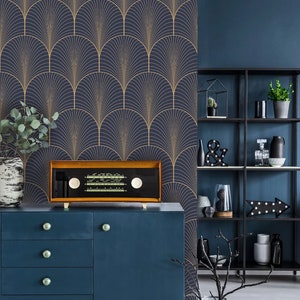 Vintage Art-Deco-Tapete, selbstklebende Tapete, blaues und braunes geometrisches Muster, Wandbild zum Abziehen und Aufkleben, temporäre Tapete