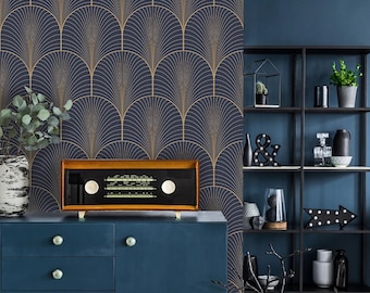 Vintage art deco wallpaper, self adhesive wallpaper, blue and brown geometric pattern, peel and stick wall mural, temporary wallpaper