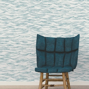 Blue waves removable wallpaper, peel and stick wall mural with hand drawn pattern, temporary wallpaper, home decor