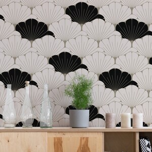 Art deco wall mural with shell ornament, peel and stick wallpaper, temporary removable wallpaper, self adhesive wall sticker, home decor