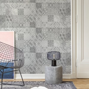 Carta da parati con piastrelle geometriche grigie, carta da parati staccabile e stick riposizionabile, carta da parati rimovibile temporanea, rotolo di carta da parati, decorazione murale