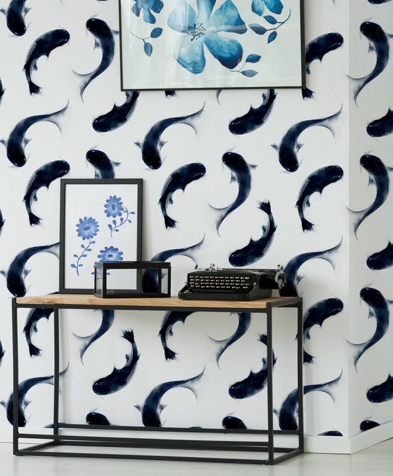 Fish wallpaper peel and stick wall mural animal hand painted | Etsy