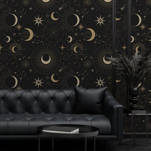 Magic witchcraft wallpaper, astrology wallpaper, with moon and stars, peel and stick, vinyl, wall decor, removable or traditional wallpaper