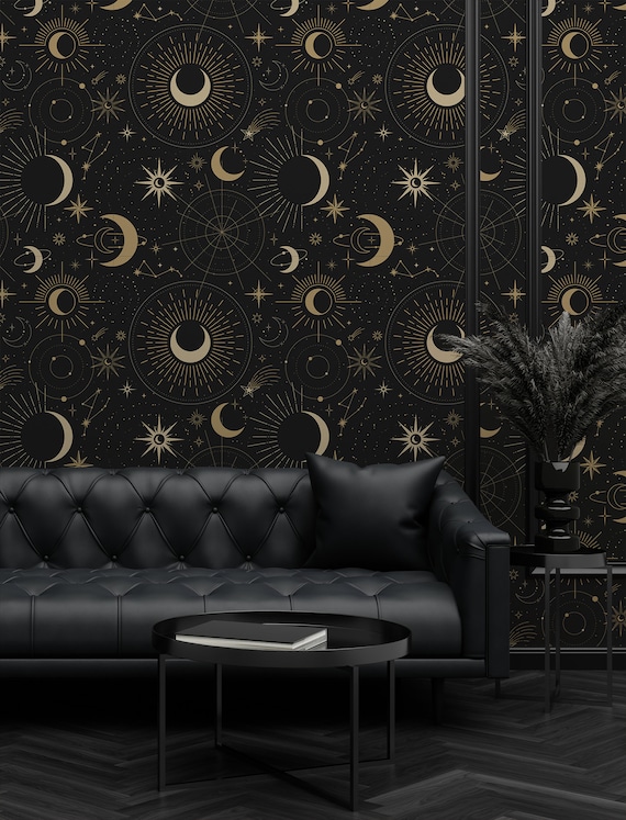 Magic witchcraft wallpaper, astrology wallpaper, with moon and stars, peel and stick, vinyl, wall decor, removable or traditional wallpaper