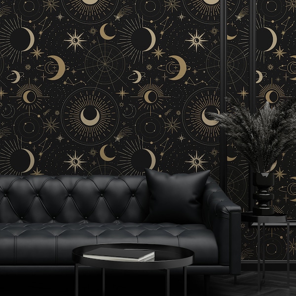 Magic witchcraft wallpaper, astrology wallpaper, with moon and stars, peel and stick, vinyl, wall decor, removable or traditional wallpaper
