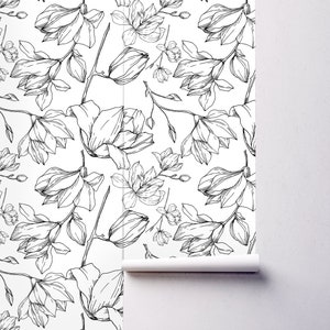 Black & White Floral Wallpaper, Peel and Stick Wall Mural, Flower Wall