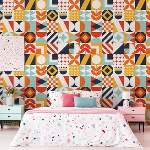 Retro bunte geometrische Vintage-Tapete, repositionierbar, abziehen und aufkleben, Tapete mit abstraktem Muster, Tapetenrolle, Wanddekoration
