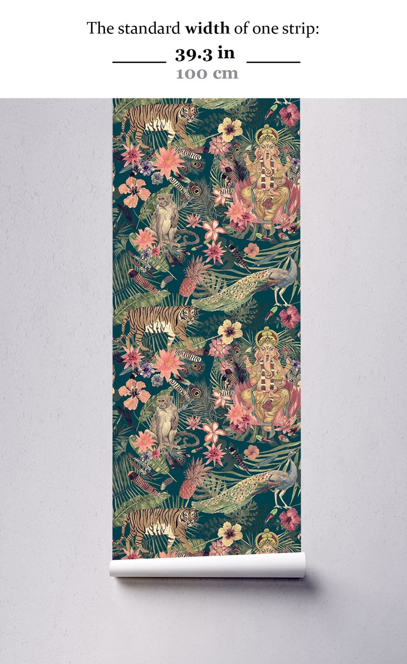 Indian jungle wallpaper, Ganesha, tiger & monkey, peel and stick removable wallpaper, self adhesive temporary wallpaper roll, wall decor image 6