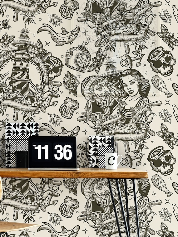 Old Style Sea Adventure Wallpaper Sailor Pin up Girl Pattern | Etsy