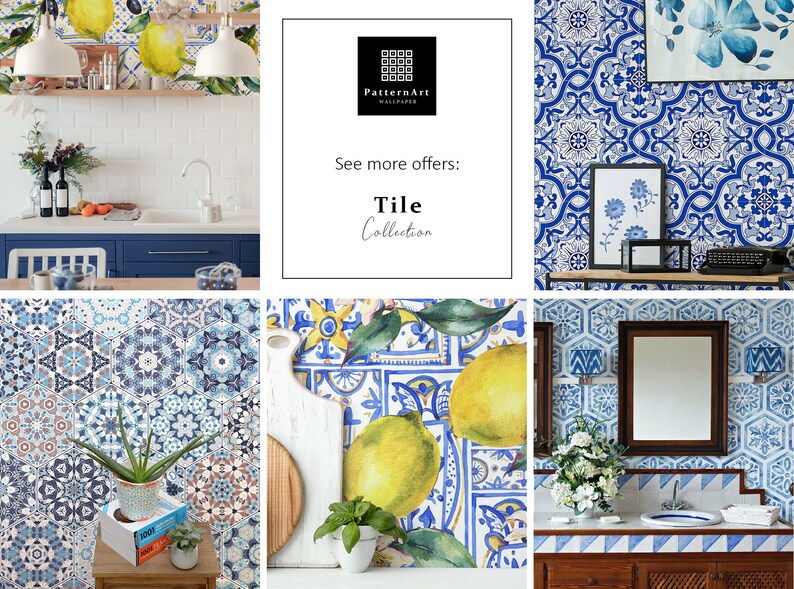 Op de afbeelding: Een collage van afbeeldingen die verschillende stijlen van blauw en wit betegelde behang laten zien. Het behang heeft ingewikkelde patronen en ontwerpen, waaronder citroenen, bloemen en geometrische vormen. De tekst "Meer aanbiedingen bekijken: Tegelcollectie" wordt in het midden van de collage weergegeven.