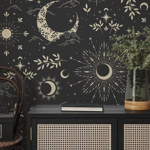 Dunkle mystische Tapete, Sonne und Mond, esoterische Tapete, abziehen und aufkleben, Vinyl, Wanddekoration, abnehmbare oder traditionelle Tapete
