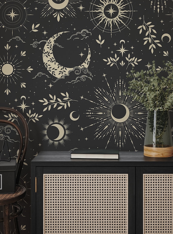 Tapisserie Murale Soleil Lune Noir Et Or - 150x130 Cm - Décoration Bohème Psychédélique - Polyester