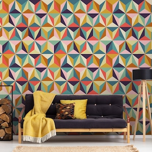Colorful geometric triangle wallpaper, repositionable, peel and stick, abstract pattern wallpaper, wallpaper roll, wall decor
