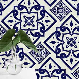 Blue Spanish Tile Geometric Wallpaper Repositionable Peel and - Etsy