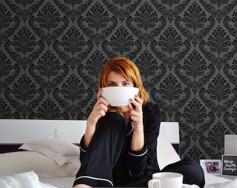 Dark damask wallpaper, removable wallpaper, black retro pattern, victorian wallpaper, gothic peel and stick wall mural, temporary wallpaper