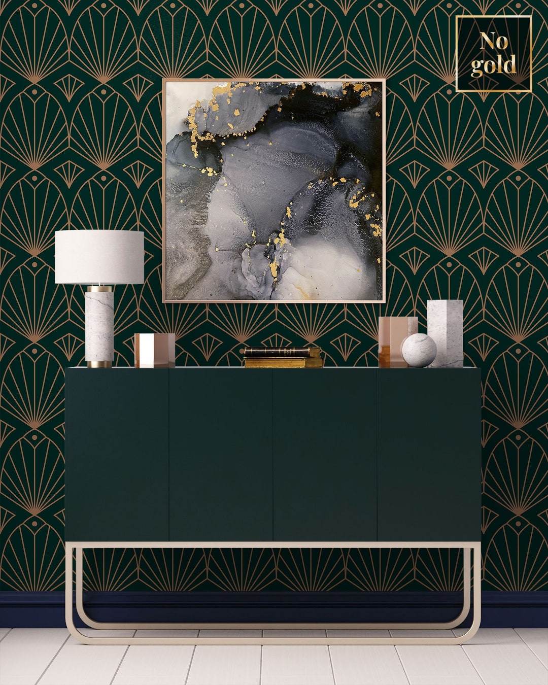 Dark Green Art Deco Wallpaper, Dark Wall Mural, Repositionable, Peel