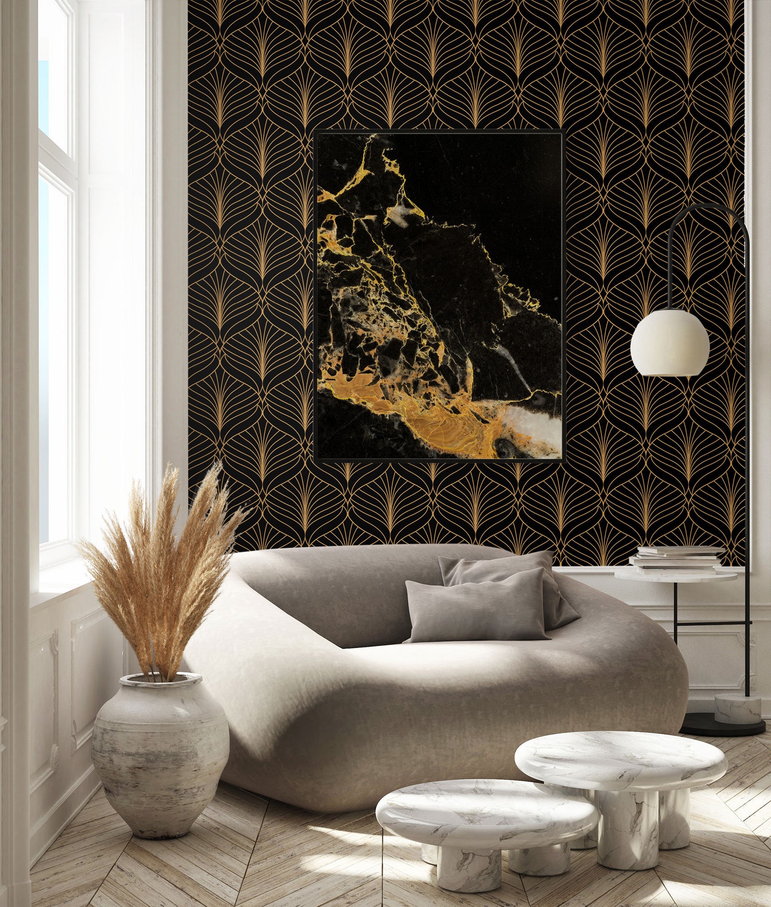Black Art Deco Wallpaper With Geometric Pattern, Peel and Stick ...