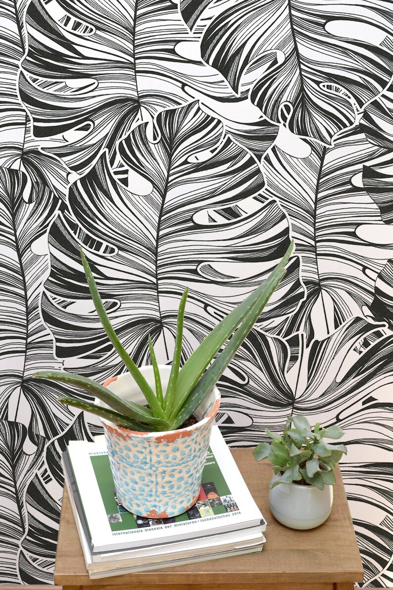 Monstera Leaf Wallpaper Peel and Stick Wall Mural Black and Etsy