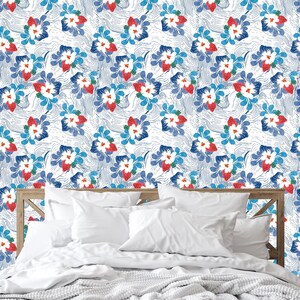 Carta da parati con motivo floreale blu, arte murale esotica, staccabile e attaccabile o in vinile, decorazione murale floreale, carta da parati rimovibile o tradizionale