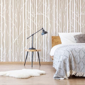 Tree pattern wallpaper, peel and stick removable wallpaper, neutral color wallpaper, self adhesive temporary wallpaper roll, wall decor