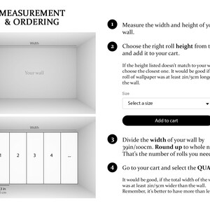 May include: A diagram showing how to measure a wall for wallpaper. The diagram shows the width and height of a wall, and how to divide the width by 39 inches to determine the number of rolls needed. The text also mentions that it is good to have extra wallpaper, so the total width of the wallpaper should be at least 2 inches wider than the wall.
